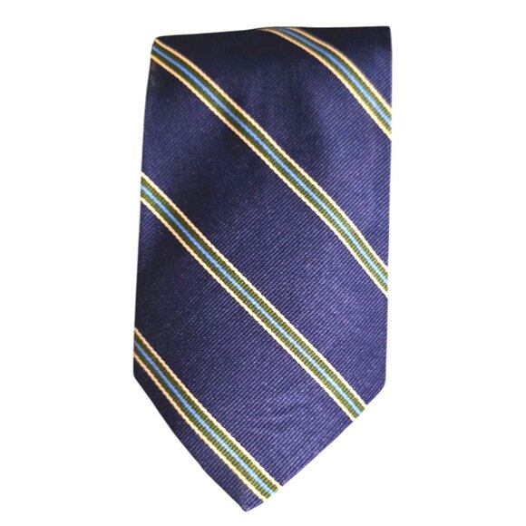 Vintage Repp Necktie Kings Road Sears Mens Navy Green & Yellow Silk - Picture 9 of 9